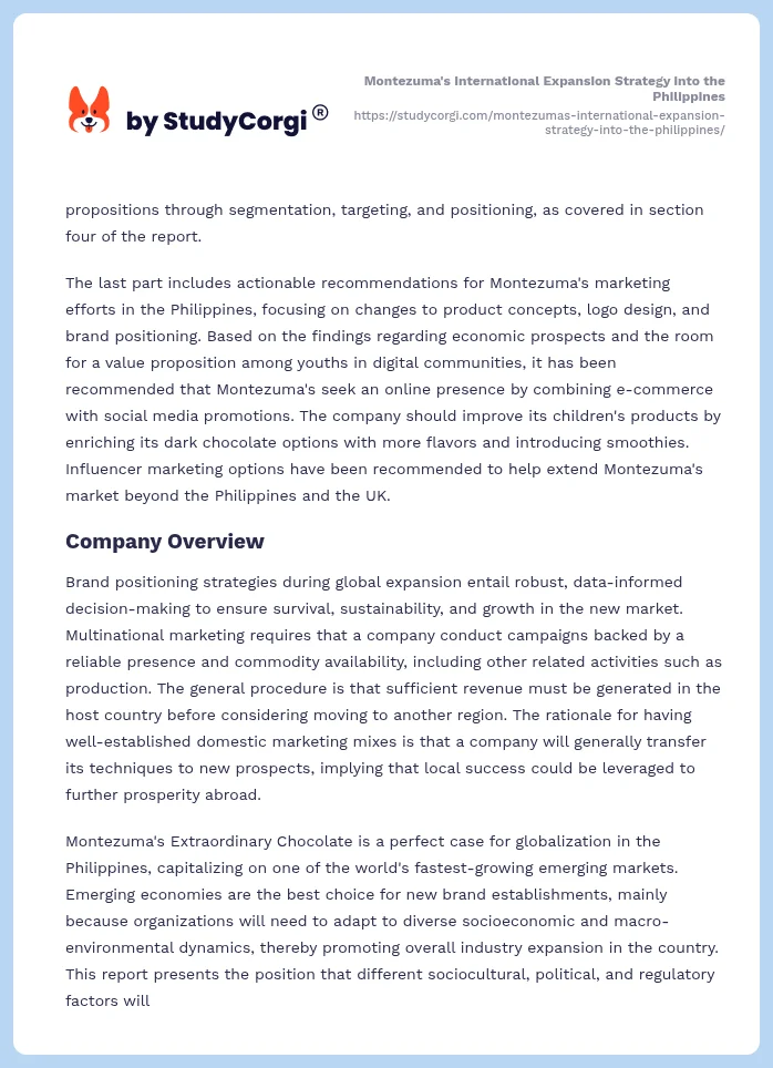 Montezuma's International Expansion Strategy into the Philippines. Page 2