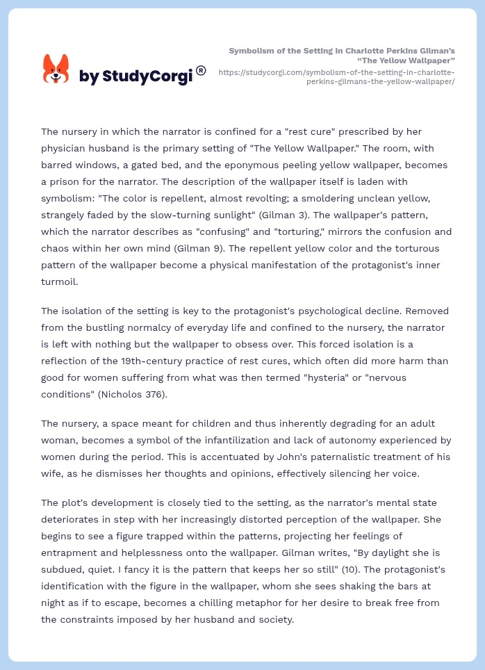 Symbolism of the Setting in Charlotte Perkins Gilman’s “The Yellow Wallpaper”. Page 2