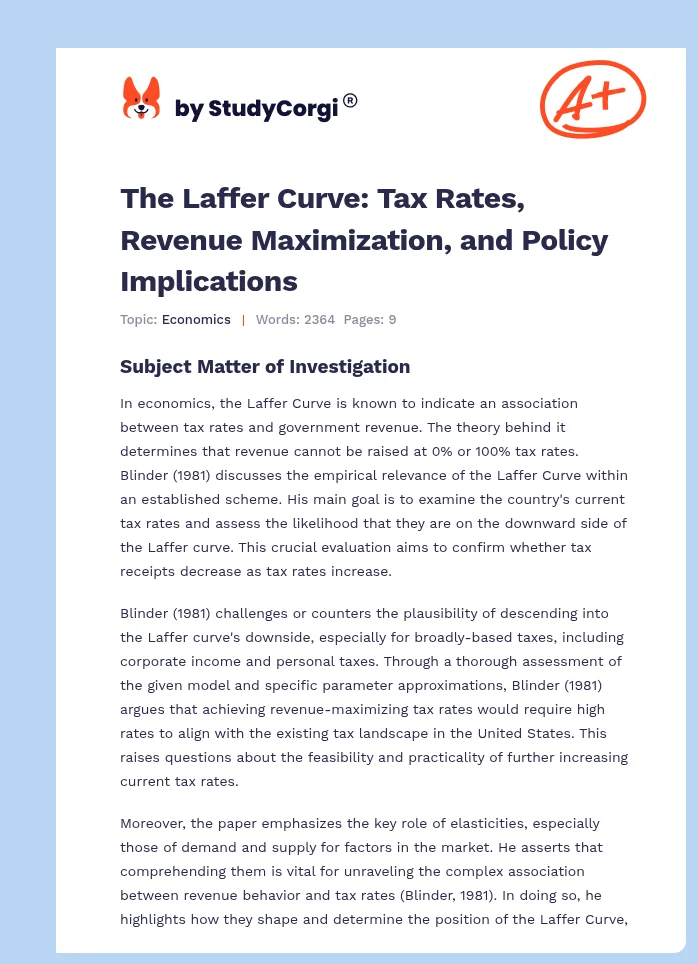 The Laffer Curve: Tax Rates, Revenue Maximization, and Policy Implications. Page 1