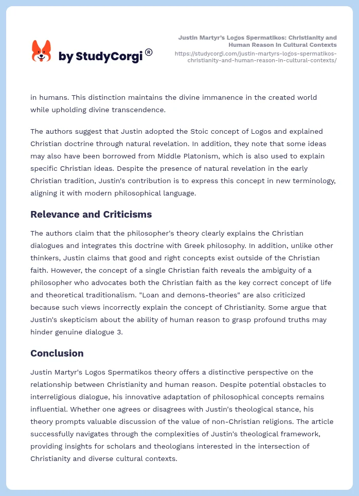 Justin Martyr’s Logos Spermatikos: Christianity and Human Reason in Cultural Contexts. Page 2