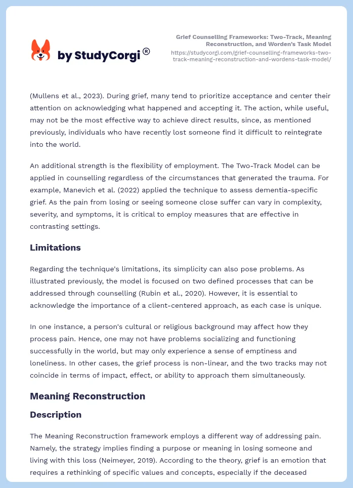 Grief Counselling Frameworks: Two-Track, Meaning Reconstruction, and Worden’s Task Model. Page 2
