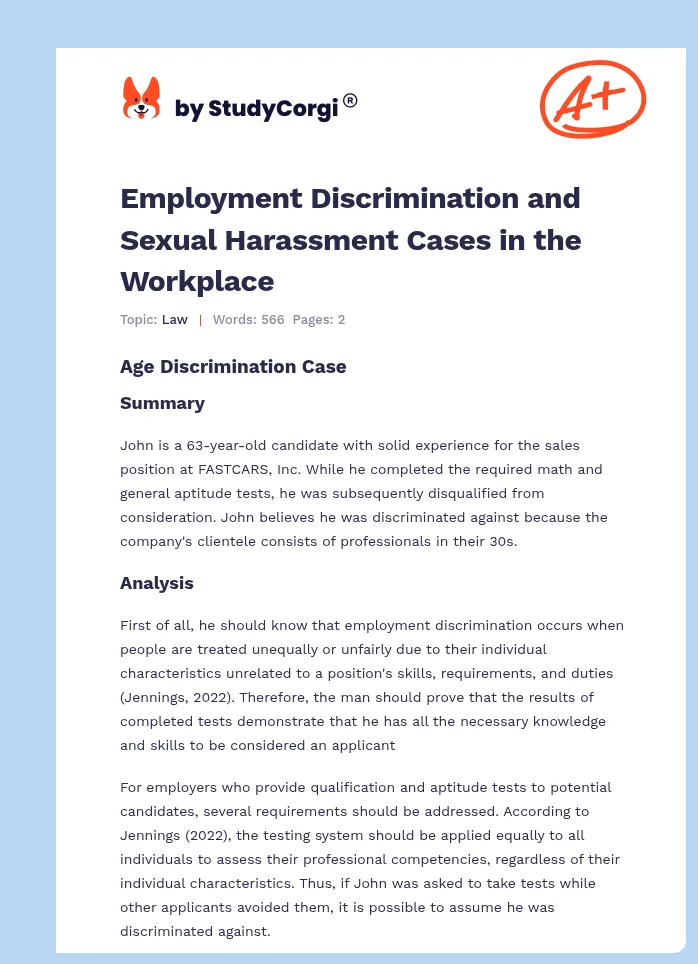 Employment Discrimination and Sexual Harassment Cases in the Workplace. Page 1