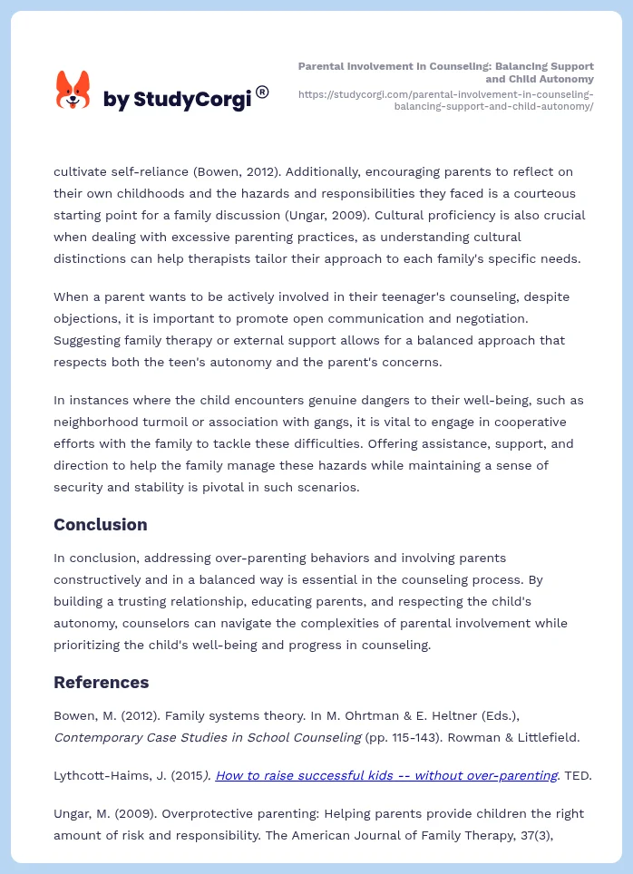 Parental Involvement in Counseling: Balancing Support and Child Autonomy. Page 2