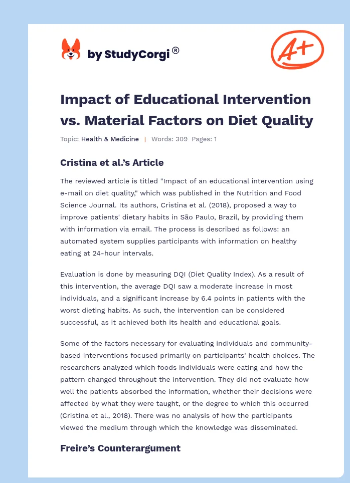 Impact of Educational Intervention vs. Material Factors on Diet Quality. Page 1