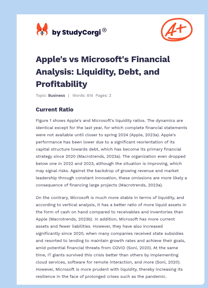 Apple's vs Microsoft's Financial Analysis: Liquidity, Debt, and Profitability. Page 1