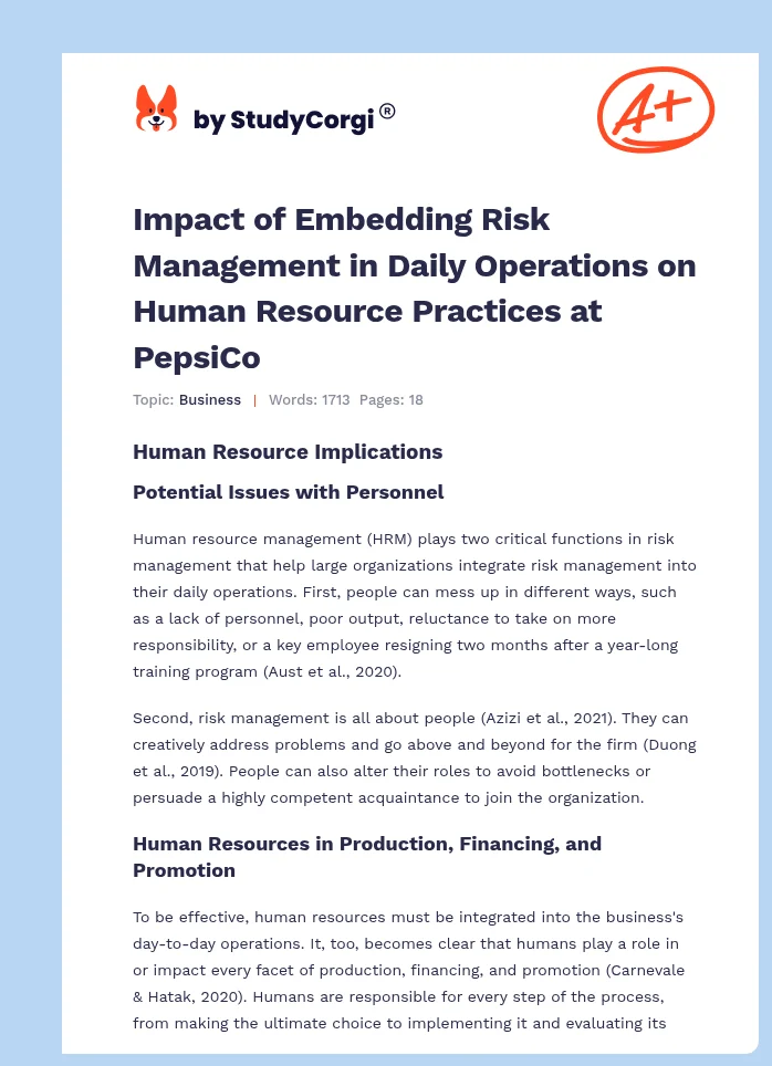 Impact of Embedding Risk Management in Daily Operations on Human Resource Practices at PepsiCo. Page 1