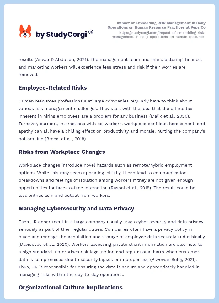 Impact of Embedding Risk Management in Daily Operations on Human Resource Practices at PepsiCo. Page 2