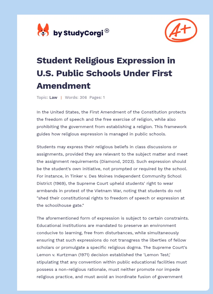 Student Religious Expression in U.S. Public Schools Under First Amendment. Page 1