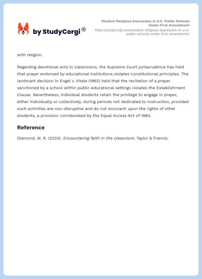 Student Religious Expression in U.S. Public Schools Under First Amendment. Page 2