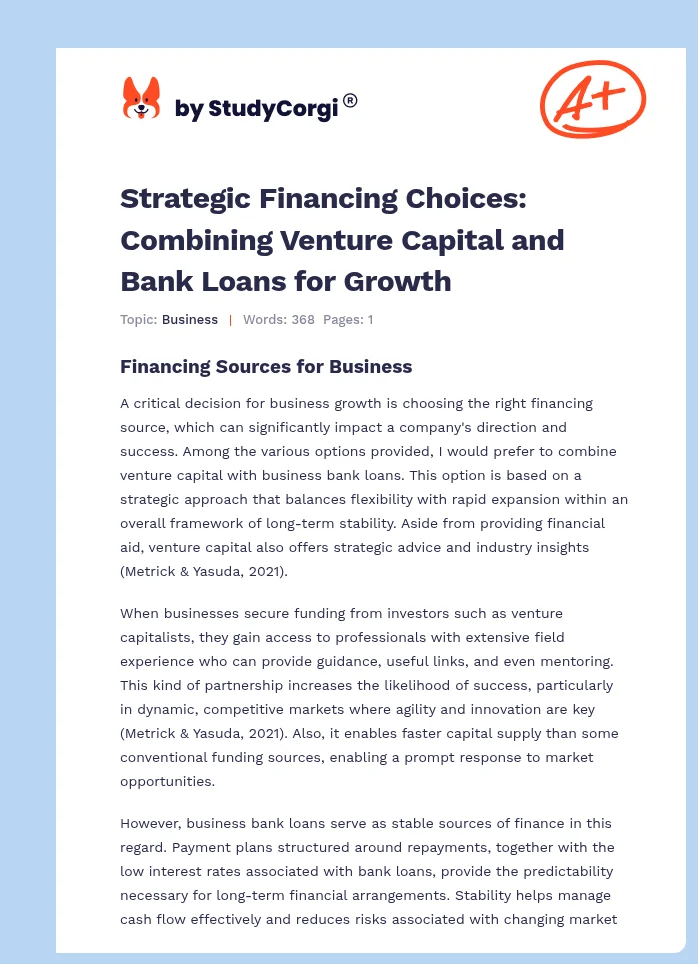 Strategic Financing Choices: Combining Venture Capital and Bank Loans for Growth. Page 1