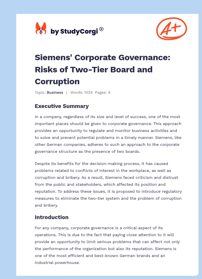 Siemens' Corporate Governance: Risks of Two-Tier Board and Corruption. Page 1