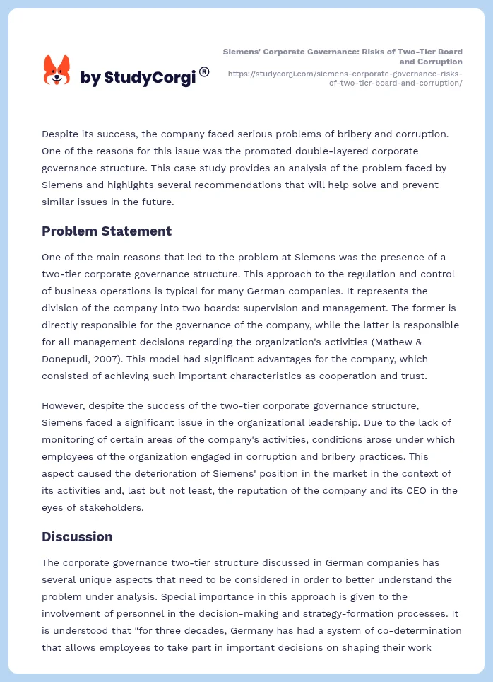 Siemens' Corporate Governance: Risks of Two-Tier Board and Corruption. Page 2