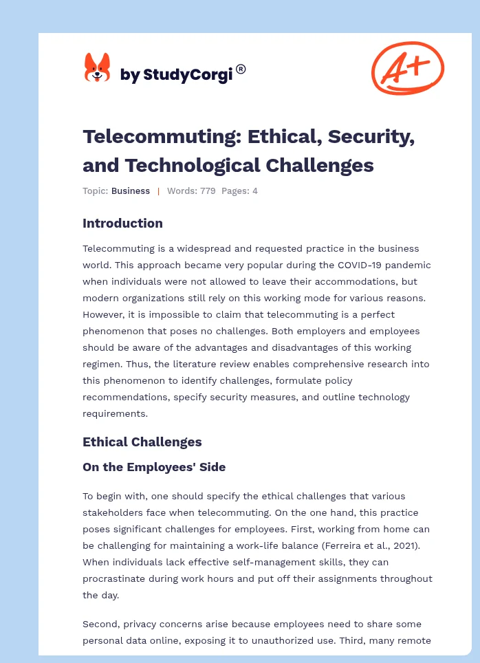 Telecommuting: Ethical, Security, and Technological Challenges. Page 1