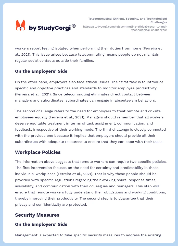 Telecommuting: Ethical, Security, and Technological Challenges. Page 2