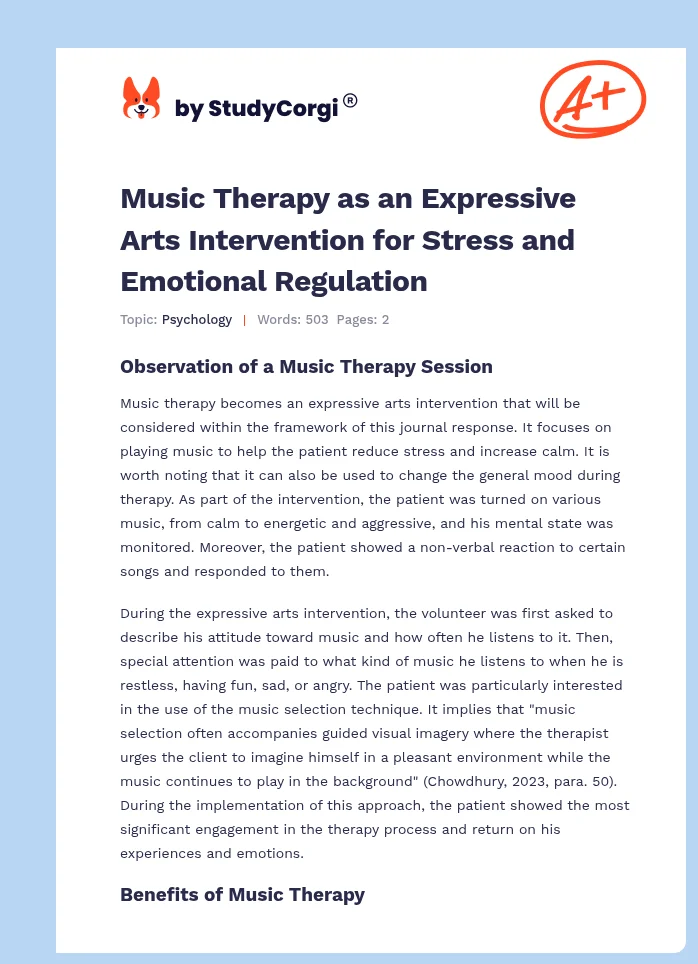 Music Therapy as an Expressive Arts Intervention for Stress and Emotional Regulation. Page 1