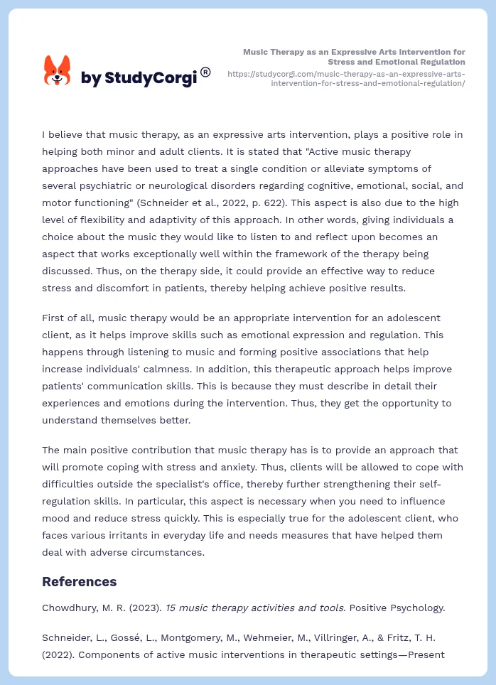 Music Therapy as an Expressive Arts Intervention for Stress and Emotional Regulation. Page 2