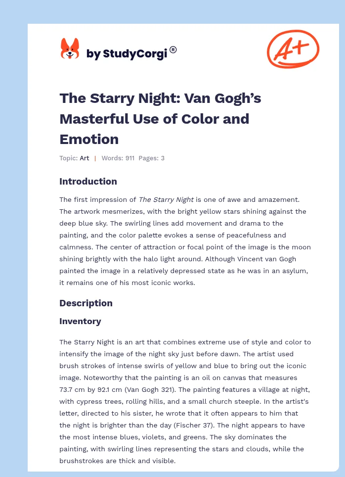 The Starry Night: Van Gogh’s Masterful Use of Color and Emotion. Page 1