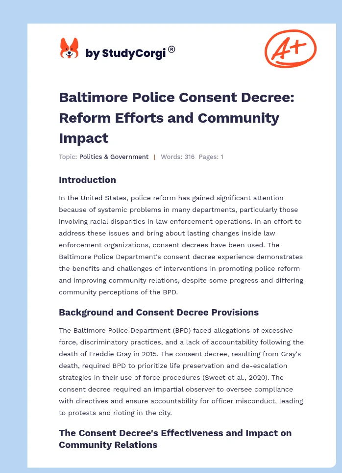 Baltimore Police Consent Decree: Reform Efforts and Community Impact. Page 1