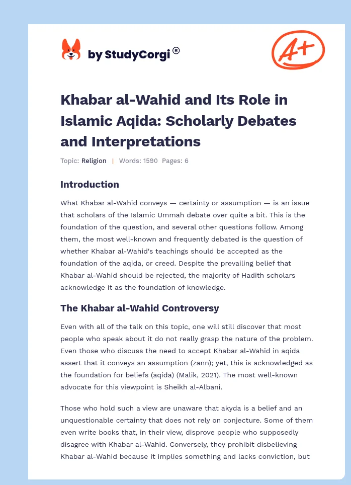 Khabar al-Wahid and Its Role in Islamic Aqida: Scholarly Debates and Interpretations. Page 1