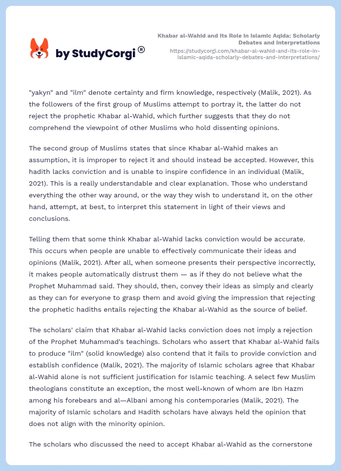 Khabar al-Wahid and Its Role in Islamic Aqida: Scholarly Debates and Interpretations. Page 2
