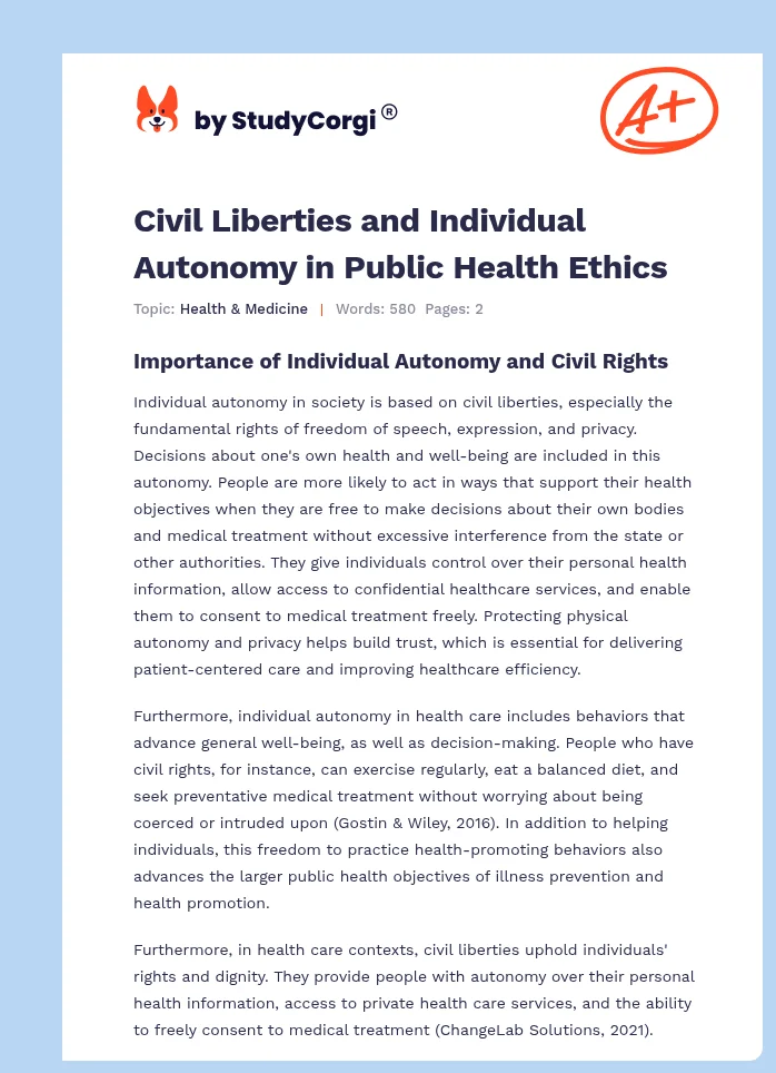 Civil Liberties and Individual Autonomy in Public Health Ethics. Page 1