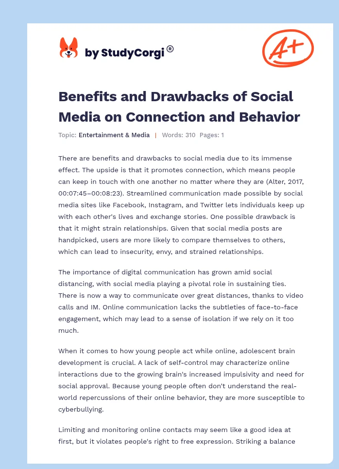 Benefits and Drawbacks of Social Media on Connection and Behavior. Page 1