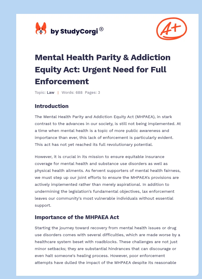 Mental Health Parity & Addiction Equity Act: Urgent Need for Full Enforcement. Page 1