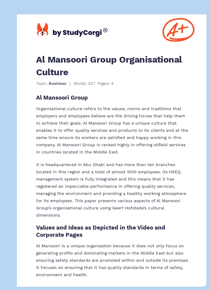 Al Mansoori Group Organisational Culture. Page 1