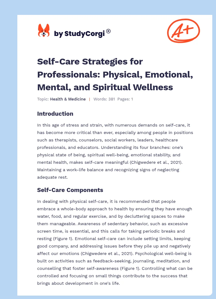 Self-Care Strategies for Professionals: Physical, Emotional, Mental, and Spiritual Wellness. Page 1