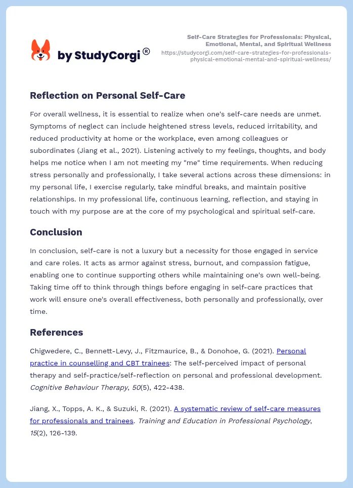 Self-Care Strategies for Professionals: Physical, Emotional, Mental, and Spiritual Wellness. Page 2