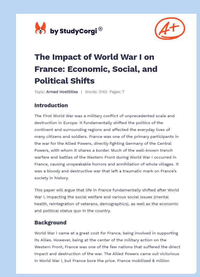 The Impact of World War I on France: Economic, Social, and Political Shifts. Page 1