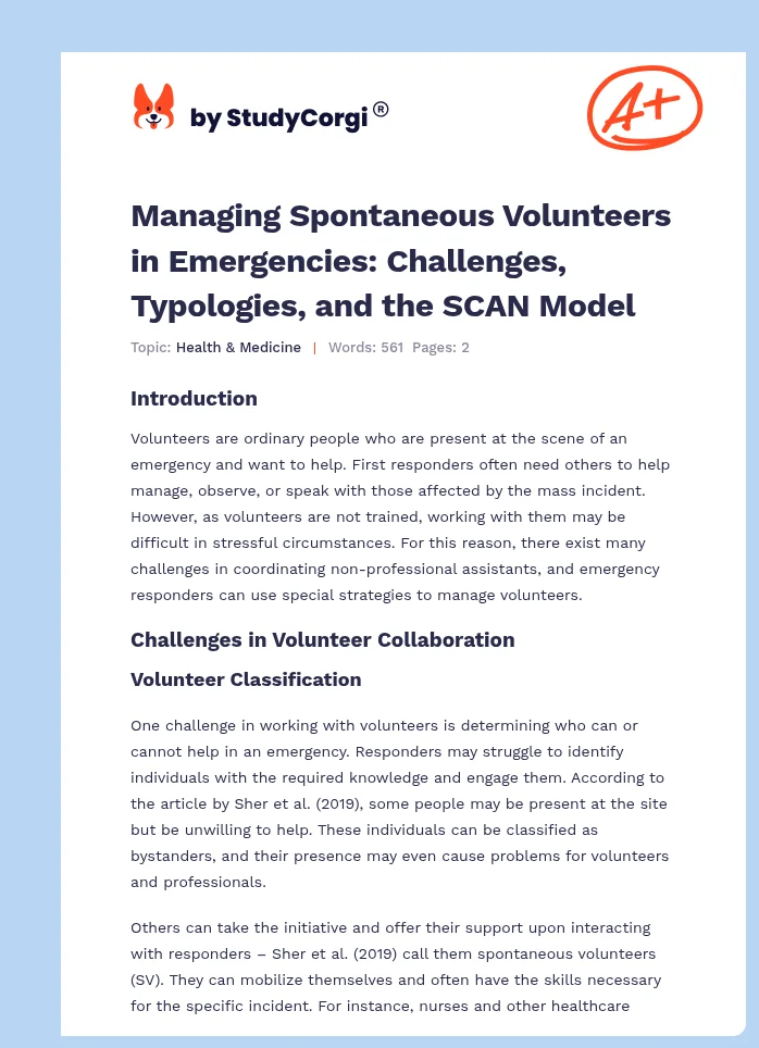 Managing Spontaneous Volunteers in Emergencies: Challenges, Typologies, and the SCAN Model. Page 1