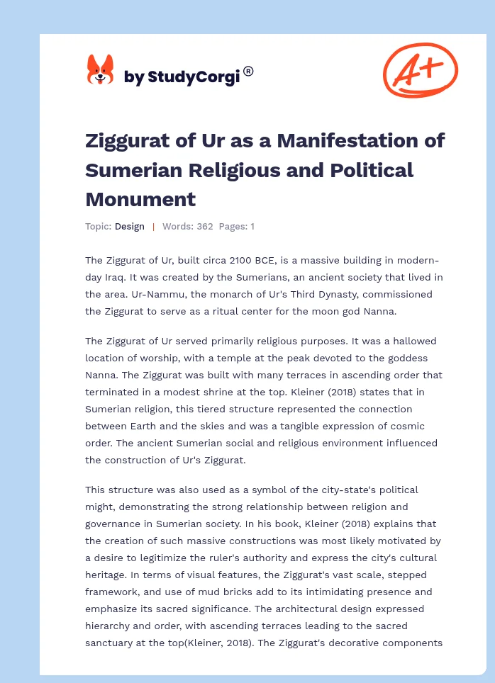 Ziggurat of Ur as a Manifestation of Sumerian Religious and Political Monument. Page 1