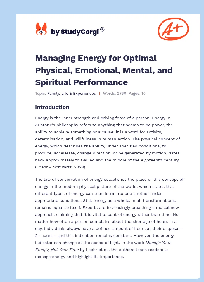 Managing Energy for Optimal Physical, Emotional, Mental, and Spiritual Performance. Page 1
