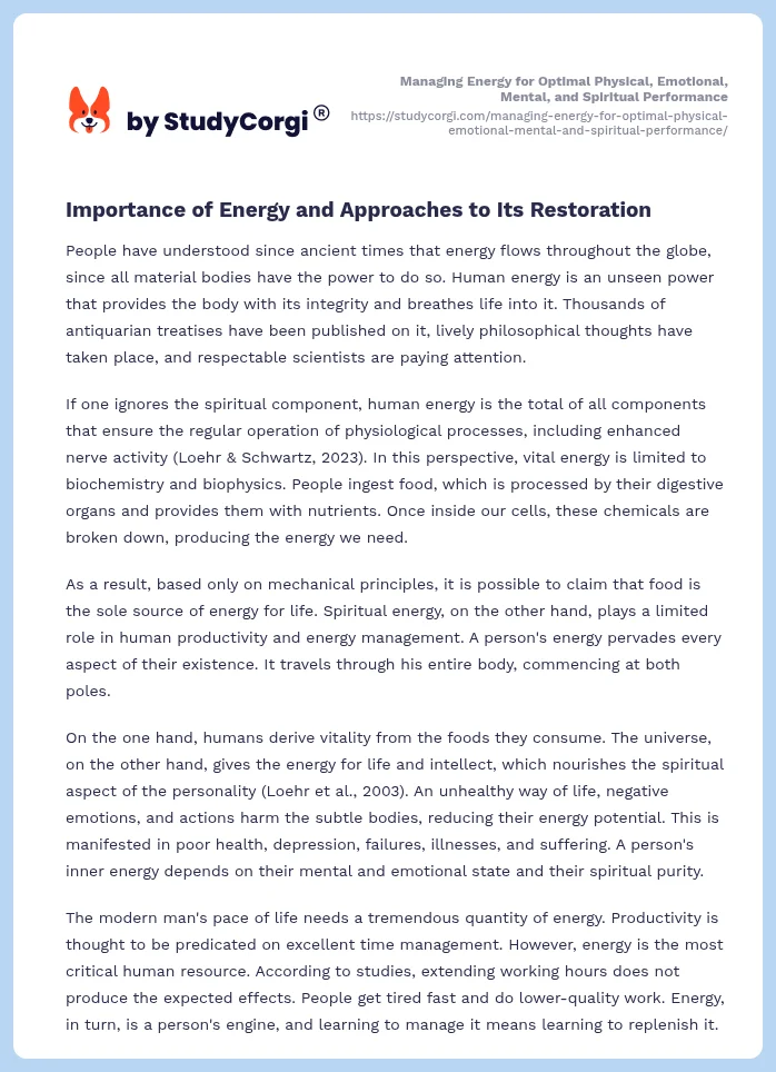 Managing Energy for Optimal Physical, Emotional, Mental, and Spiritual Performance. Page 2