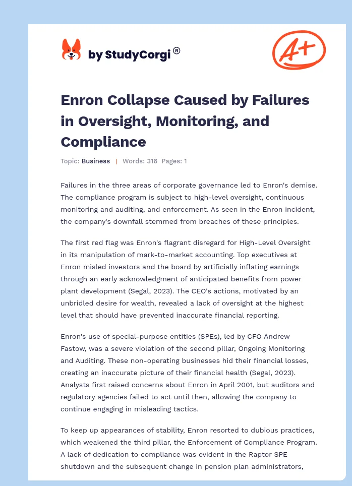 Enron Collapse Caused by Failures in Oversight, Monitoring, and Compliance. Page 1