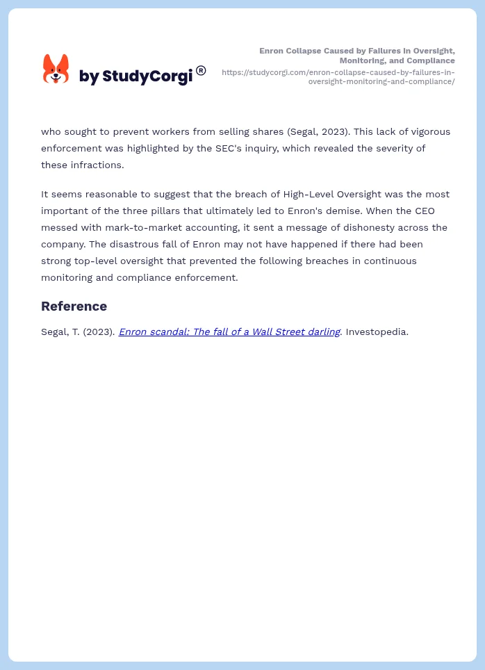 Enron Collapse Caused by Failures in Oversight, Monitoring, and Compliance. Page 2