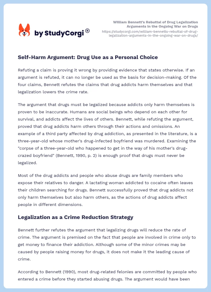 William Bennett’s Rebuttal of Drug Legalization Arguments in the Ongoing War on Drugs. Page 2