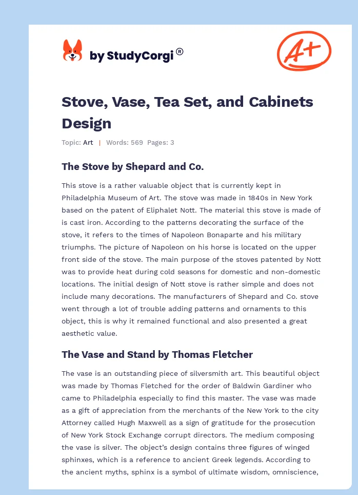 Stove, Vase, Tea Set, and Cabinets Design. Page 1