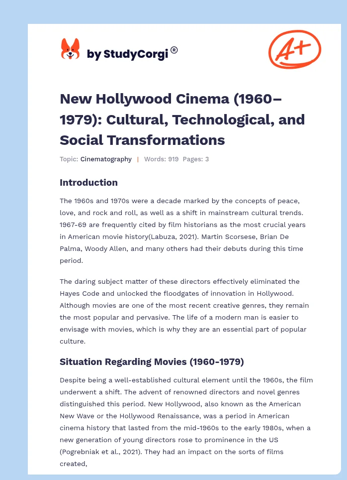 New Hollywood Cinema (1960–1979): Cultural, Technological, and Social Transformations. Page 1