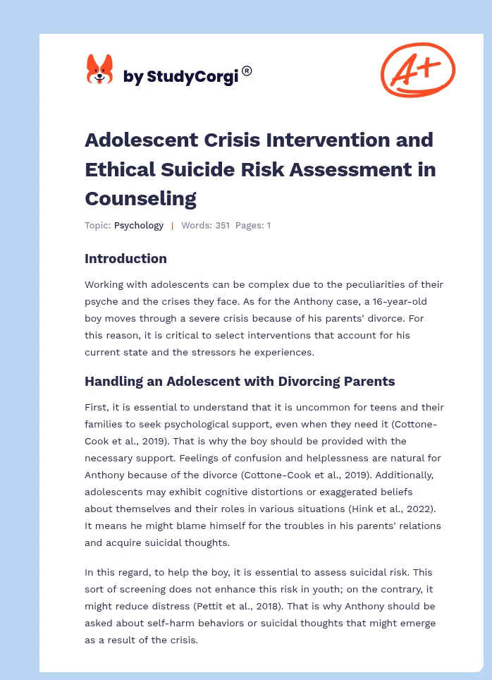 Adolescent Crisis Intervention and Ethical Suicide Risk Assessment in Counseling. Page 1