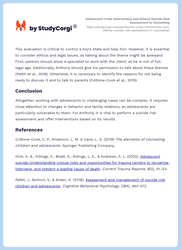 Adolescent Crisis Intervention and Ethical Suicide Risk Assessment in Counseling. Page 2