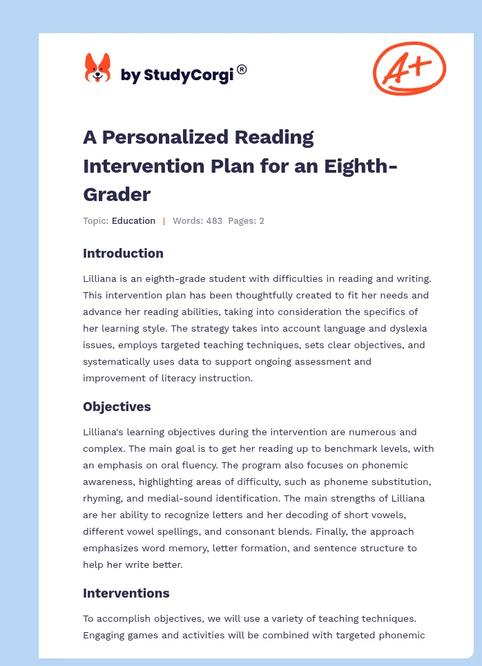A Personalized Reading Intervention Plan for an Eighth-Grader. Page 1