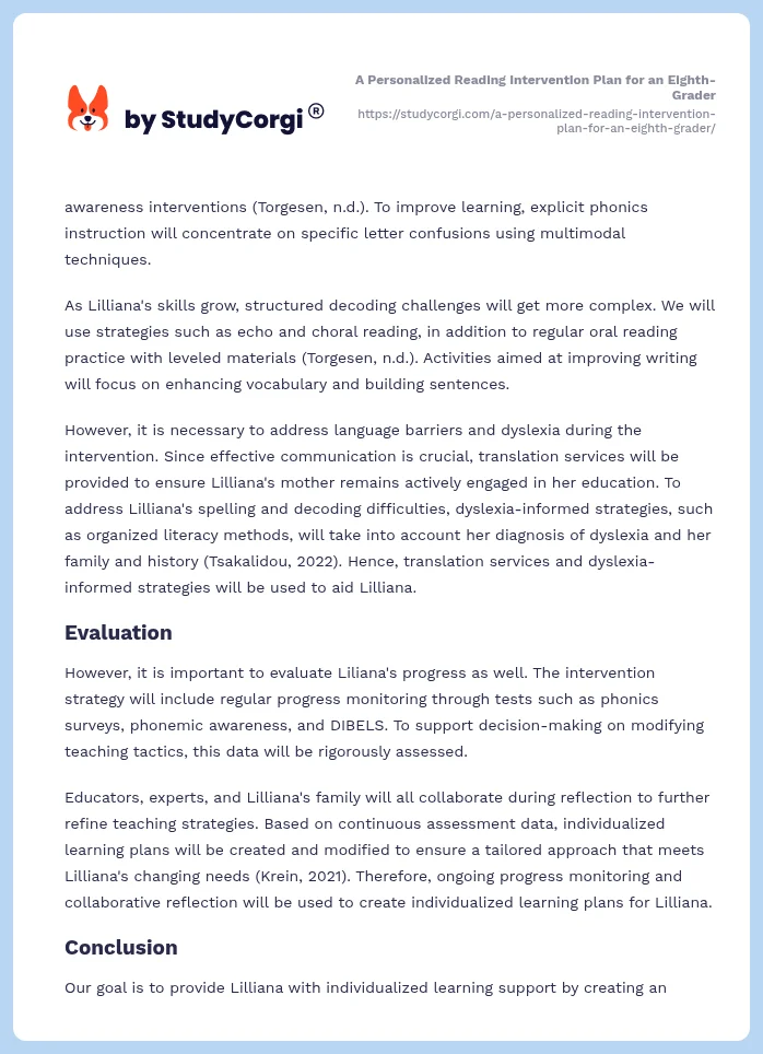 A Personalized Reading Intervention Plan for an Eighth-Grader. Page 2
