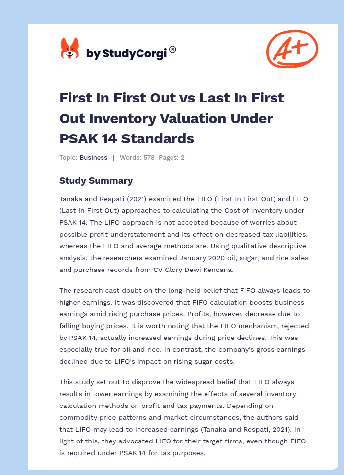 First In First Out vs Last In First Out Inventory Valuation Under PSAK 14 Standards. Page 1