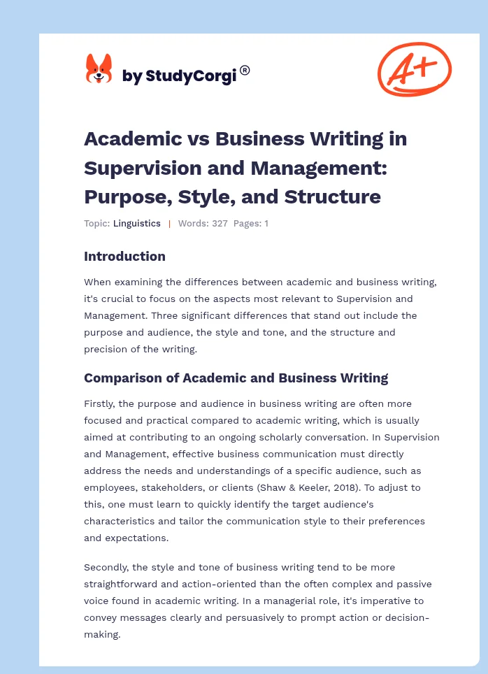 Academic vs Business Writing in Supervision and Management: Purpose, Style, and Structure. Page 1