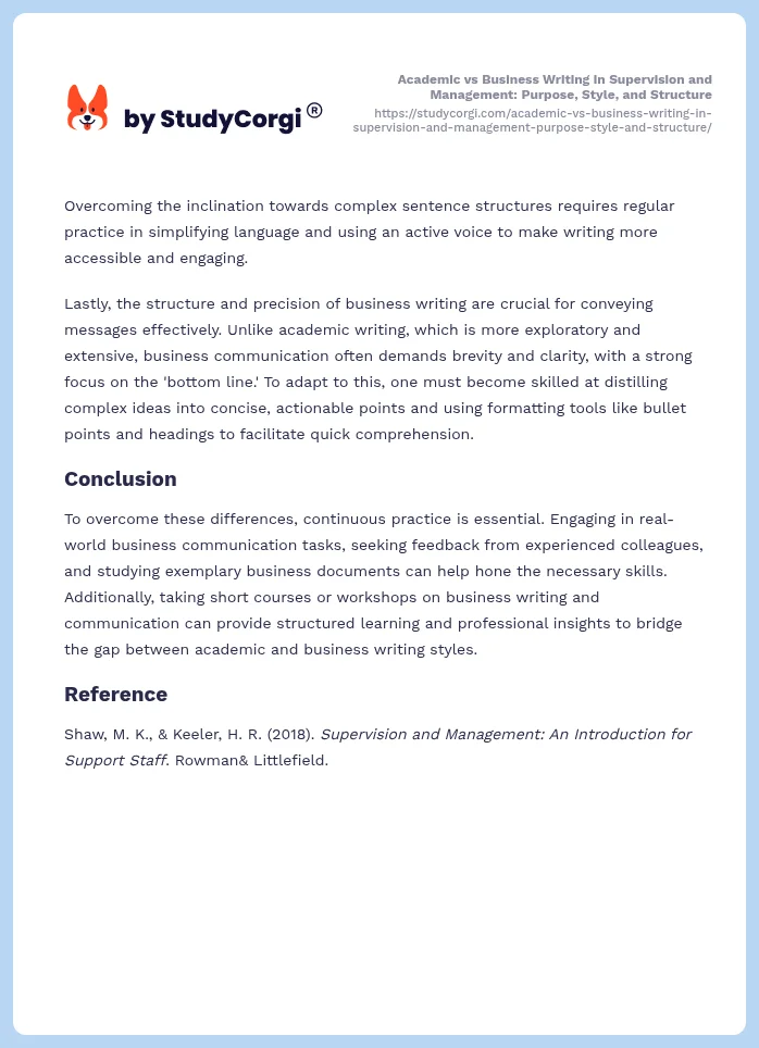 Academic vs Business Writing in Supervision and Management: Purpose, Style, and Structure. Page 2