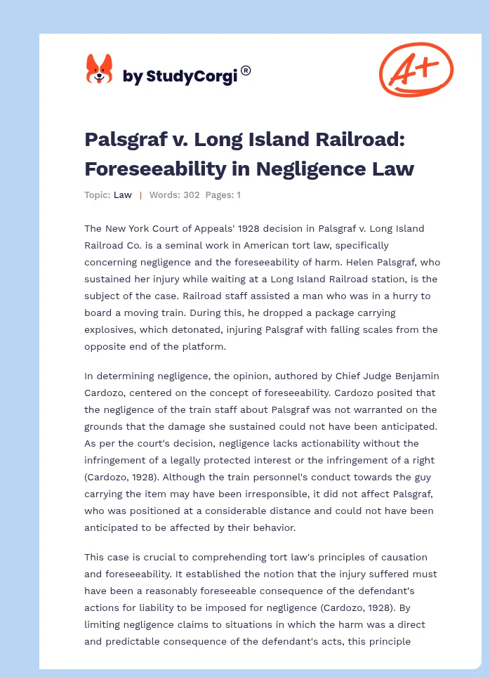 Palsgraf v. Long Island Railroad: Foreseeability in Negligence Law. Page 1
