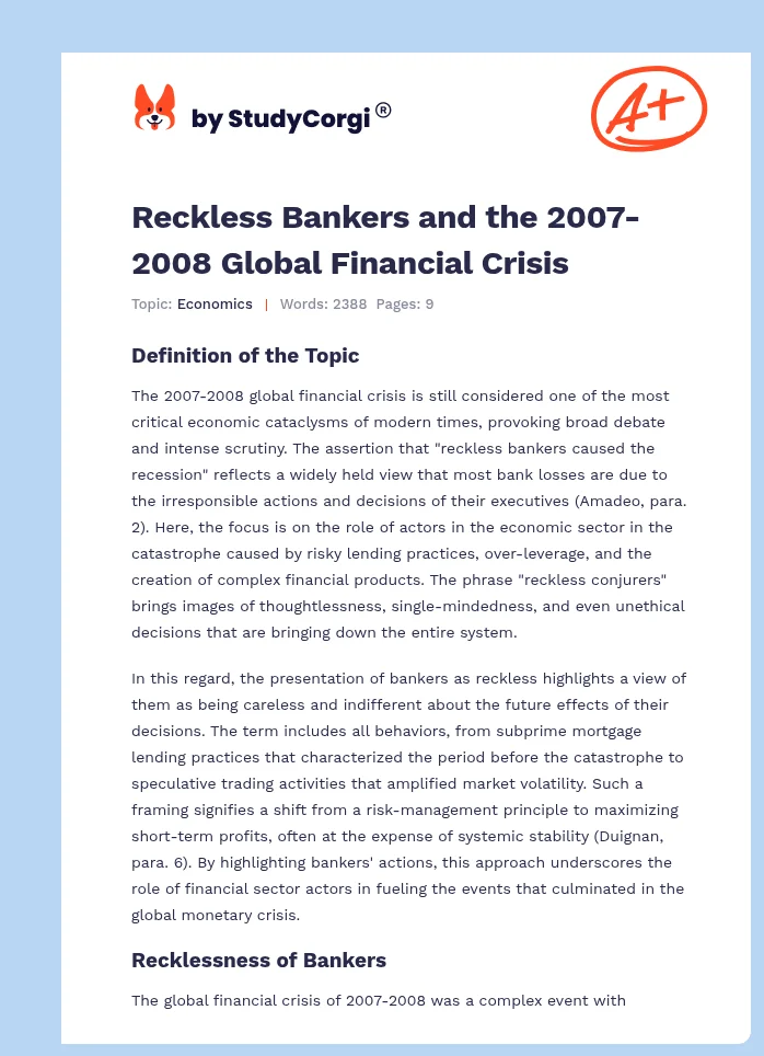 Reckless Bankers and the 2007-2008 Global Financial Crisis. Page 1