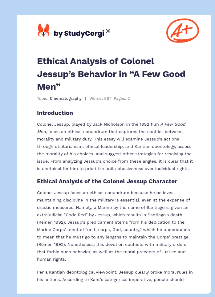 Ethical Analysis of Colonel Jessup’s Behavior in “A Few Good Men”. Page 1